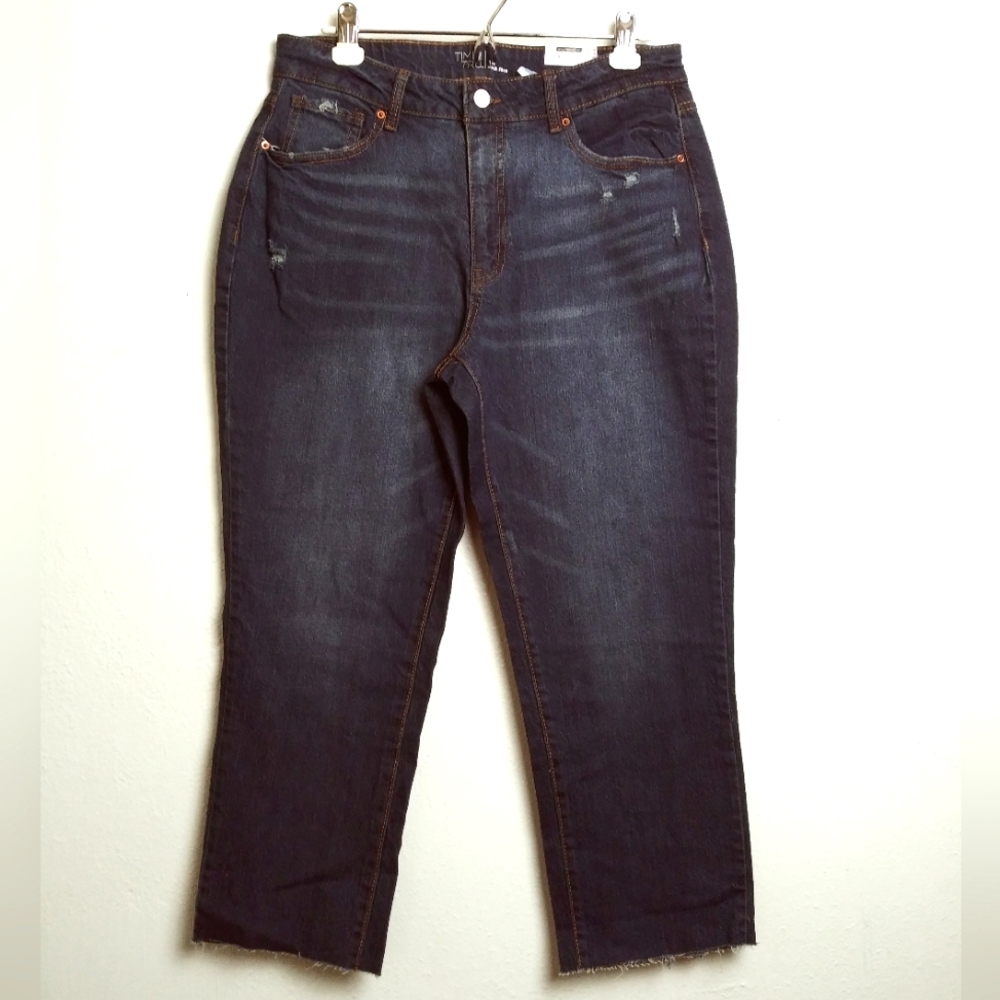 High Rise 14 Straight Crop Jeans Dark Wash Whiskering